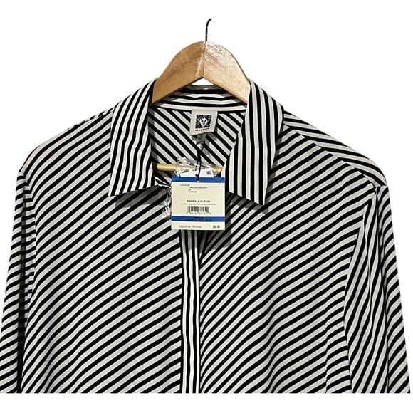 ANNE KLEIN TOP WOMENS XLARGE PRINTED SLIT-CUFF BUTTON-UP BLOUSE BLACK WHITE NEW - Picture 6 of 14